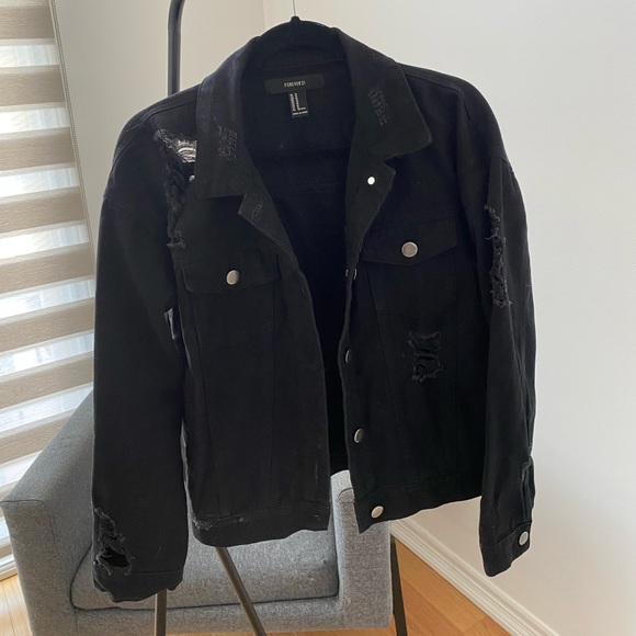 Distressed Black Denim Jacket - Picture 1 of 2